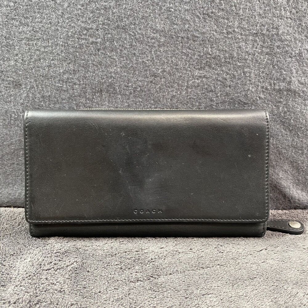 Vintage Coach Legacy Black Leather Trifold Checkbook Wallet Silver Zip Organizer